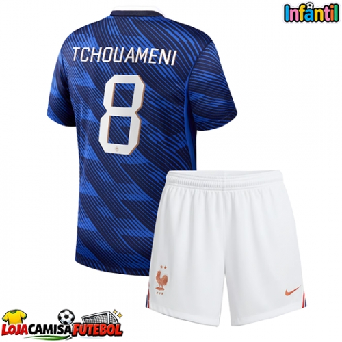 Camisa de Futebol França Aurelien Tchouameni #8 Equipamento Principal Infantil Mundo 2026 Manga Curta (+ Calças curtas)